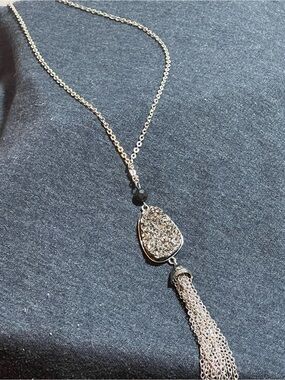 Silver Crystal Druzy Tassel Pendant Necklace - Women Jewelry